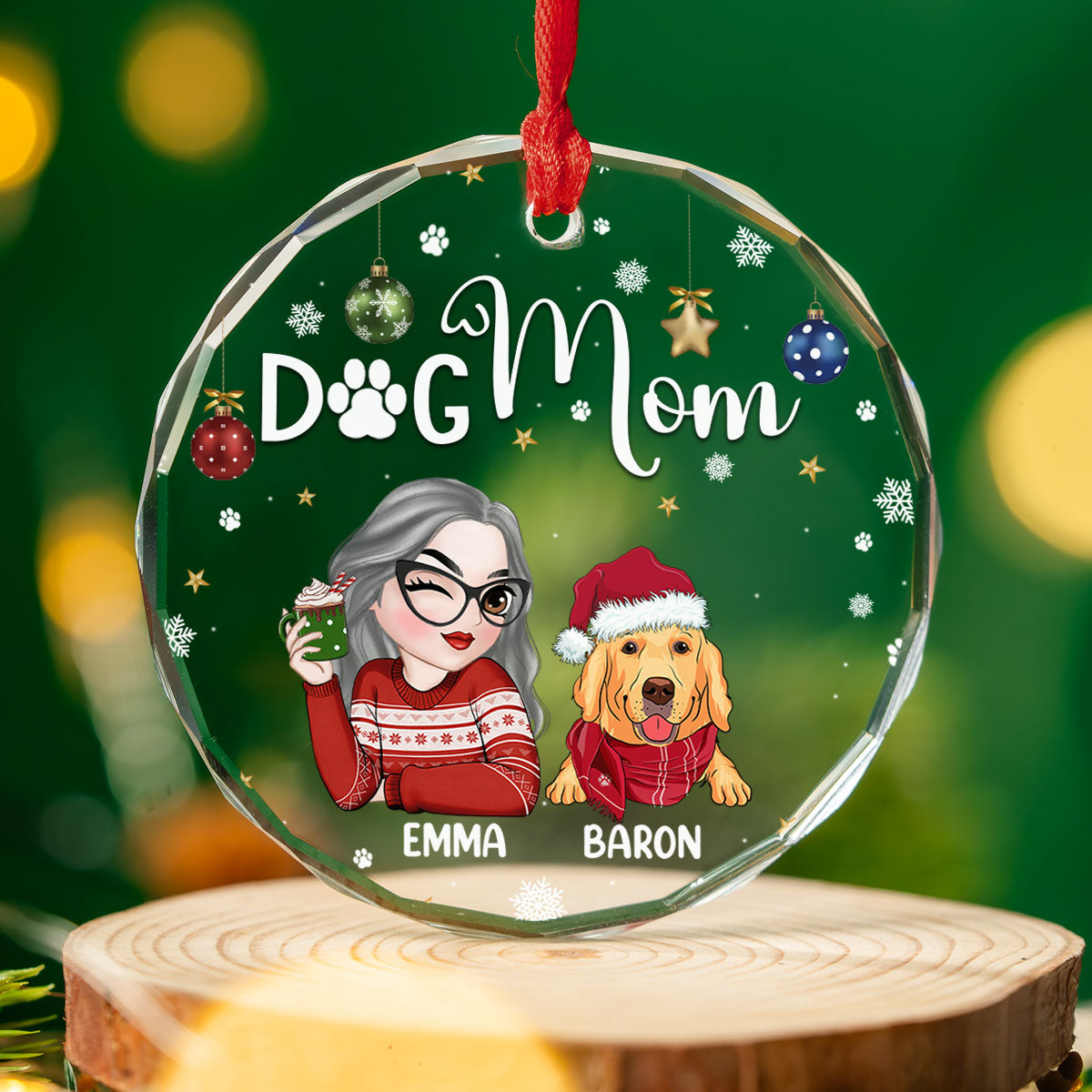 Customizable Dog Mom Glass Ornament - Perfect for Special Occasions