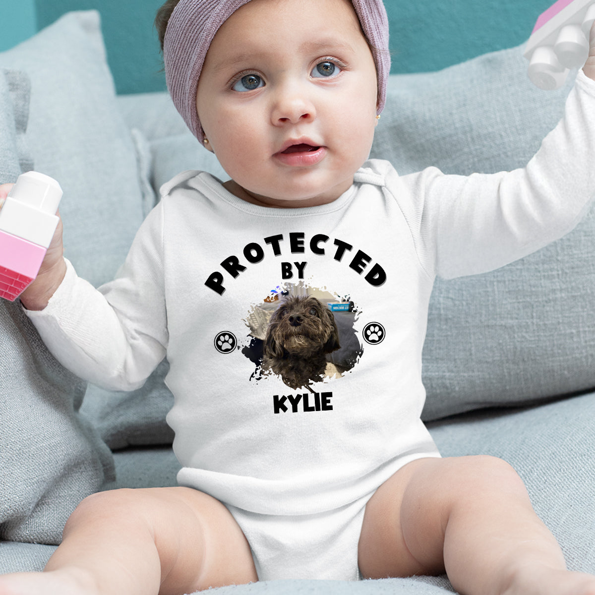 Personalized Custom Long Sleeve Baby Onesie with Human Protected By Dogs Photo