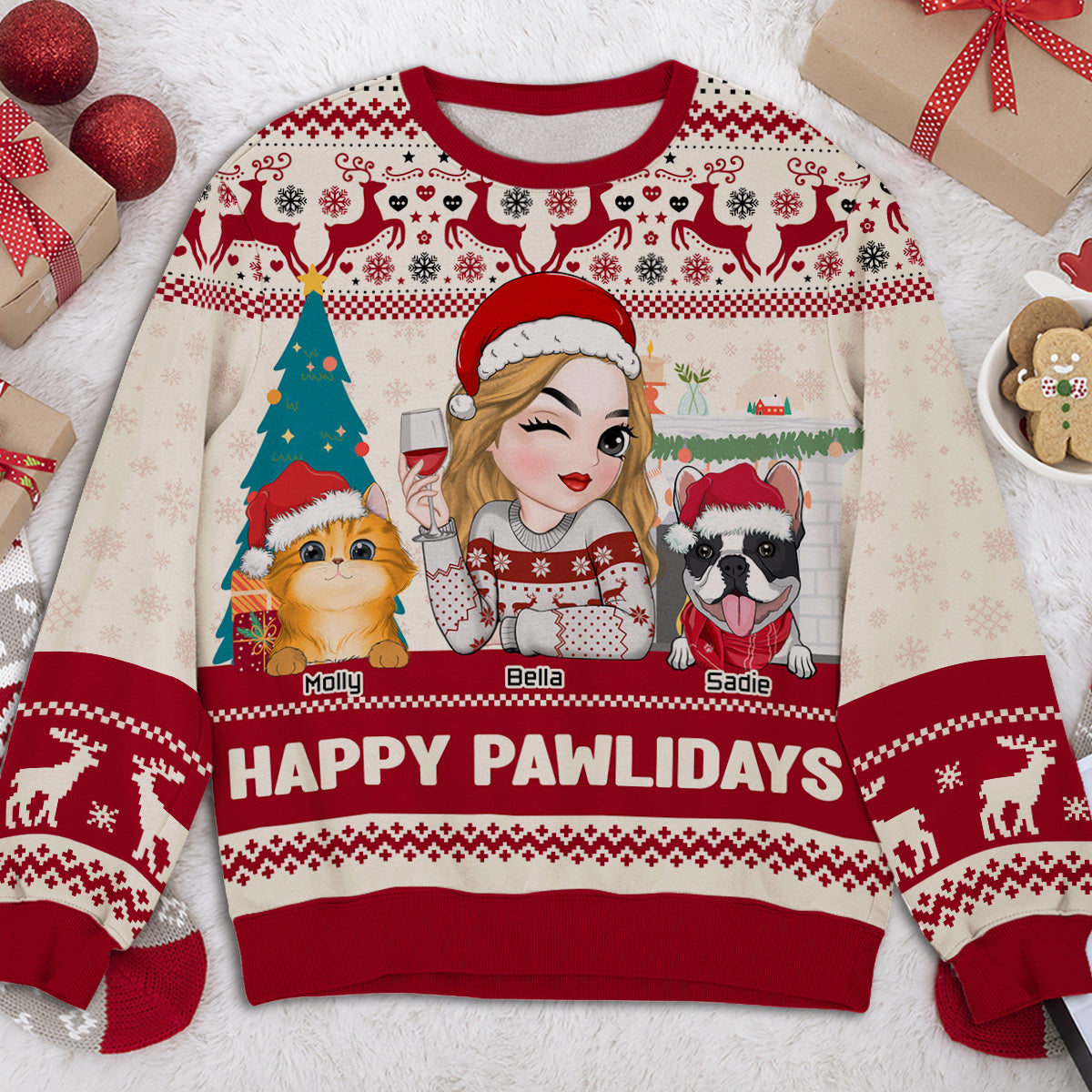 Personalized Happy Pawlidays Sweatshirt for Fur Moms - All-Over Print Design