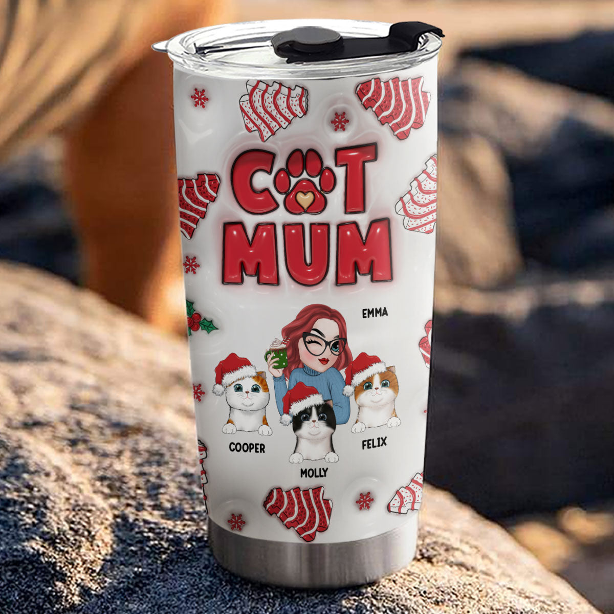 Personalized 3D Inflated Effect Cat Mom Christmas Tumbler - Ideal for All Occasions
