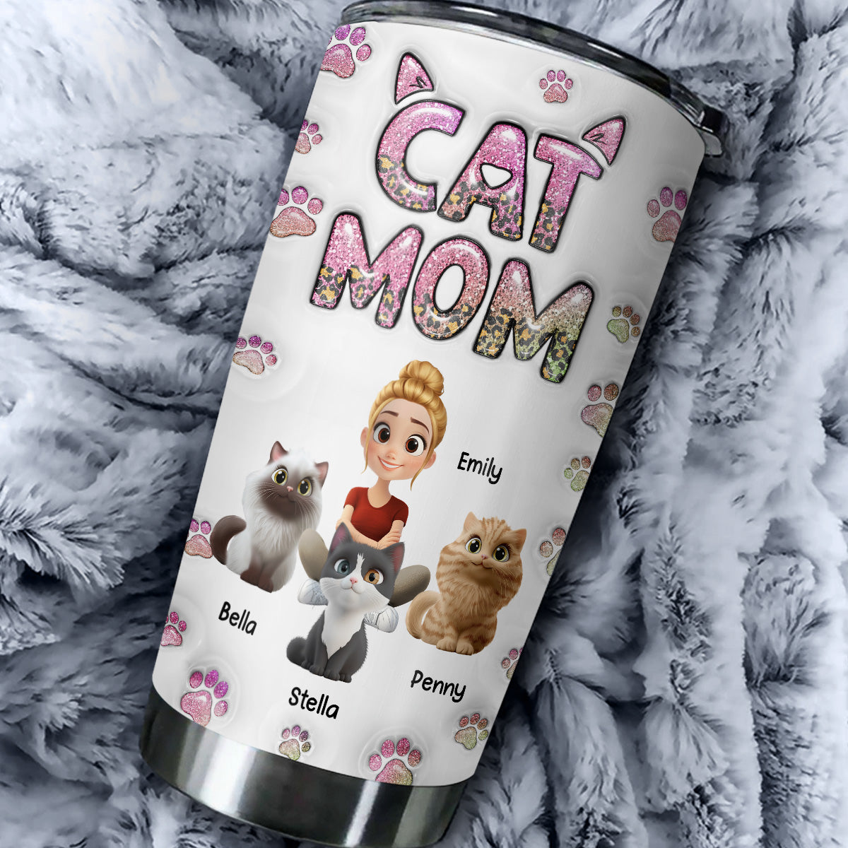 Personalized Cat Mom Chibi 3D Inflated Effect Stainless Steel Tumbler
