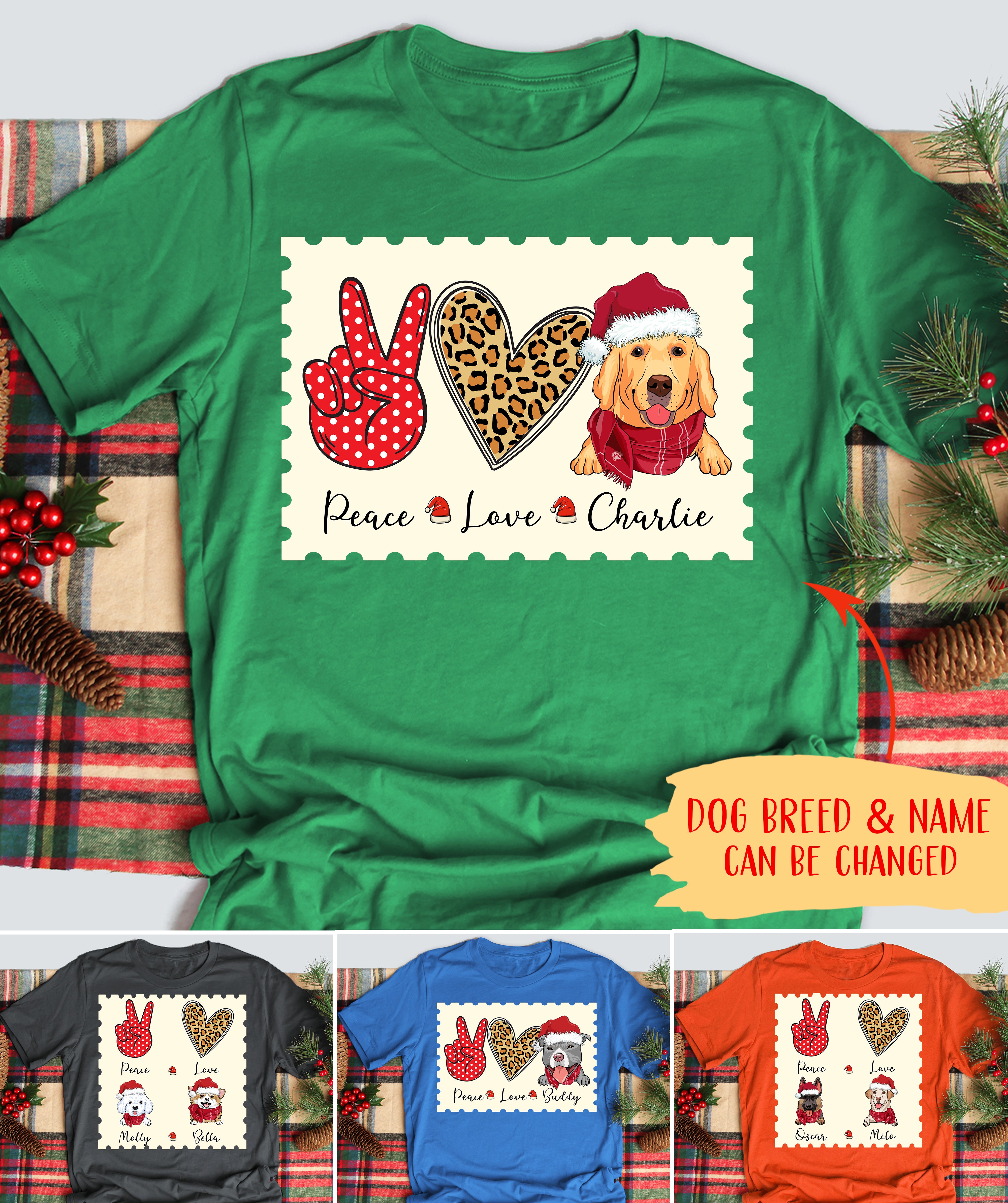 Personalized Christmas Peace Love Dog Unisex T-shirt - Ideal Christmas Gifts for Pet Lovers