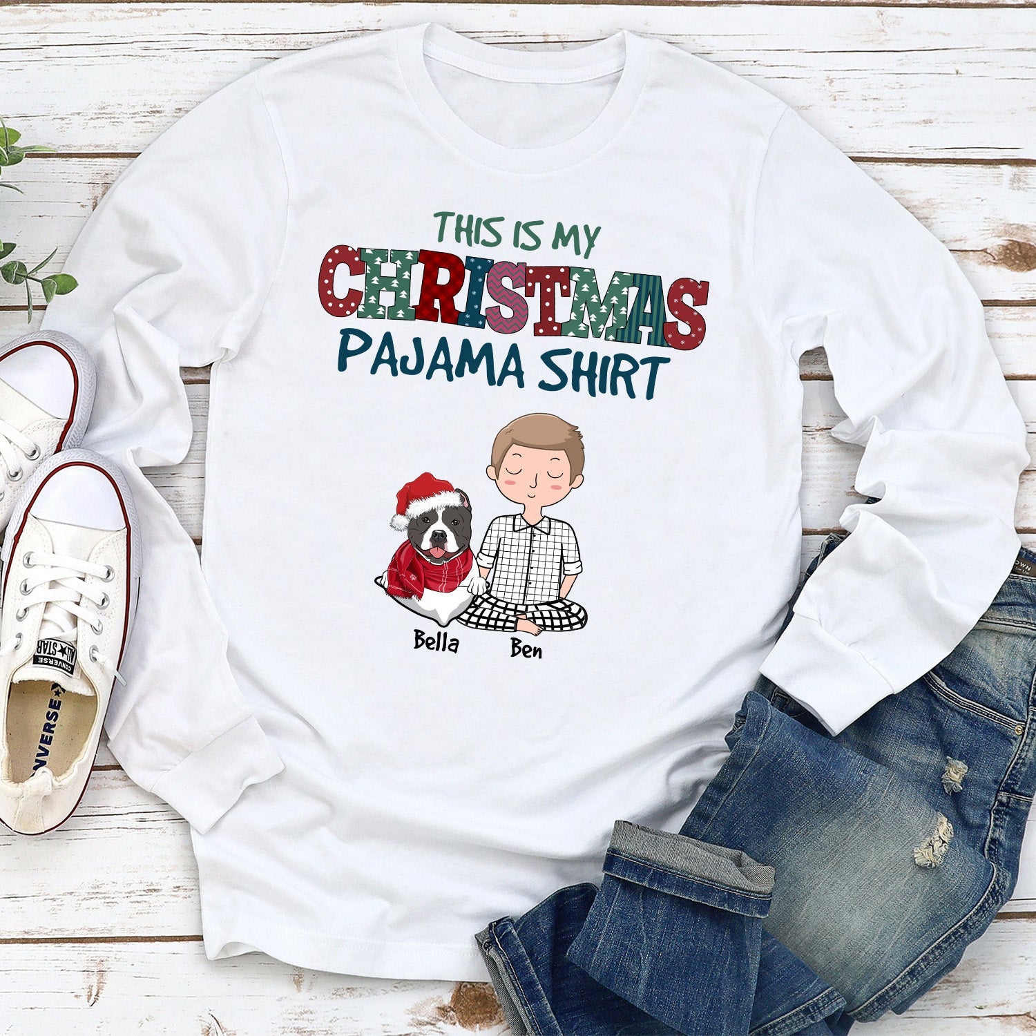 Customizable Christmas Long Sleeve Pajama T-shirt for Pet Lovers