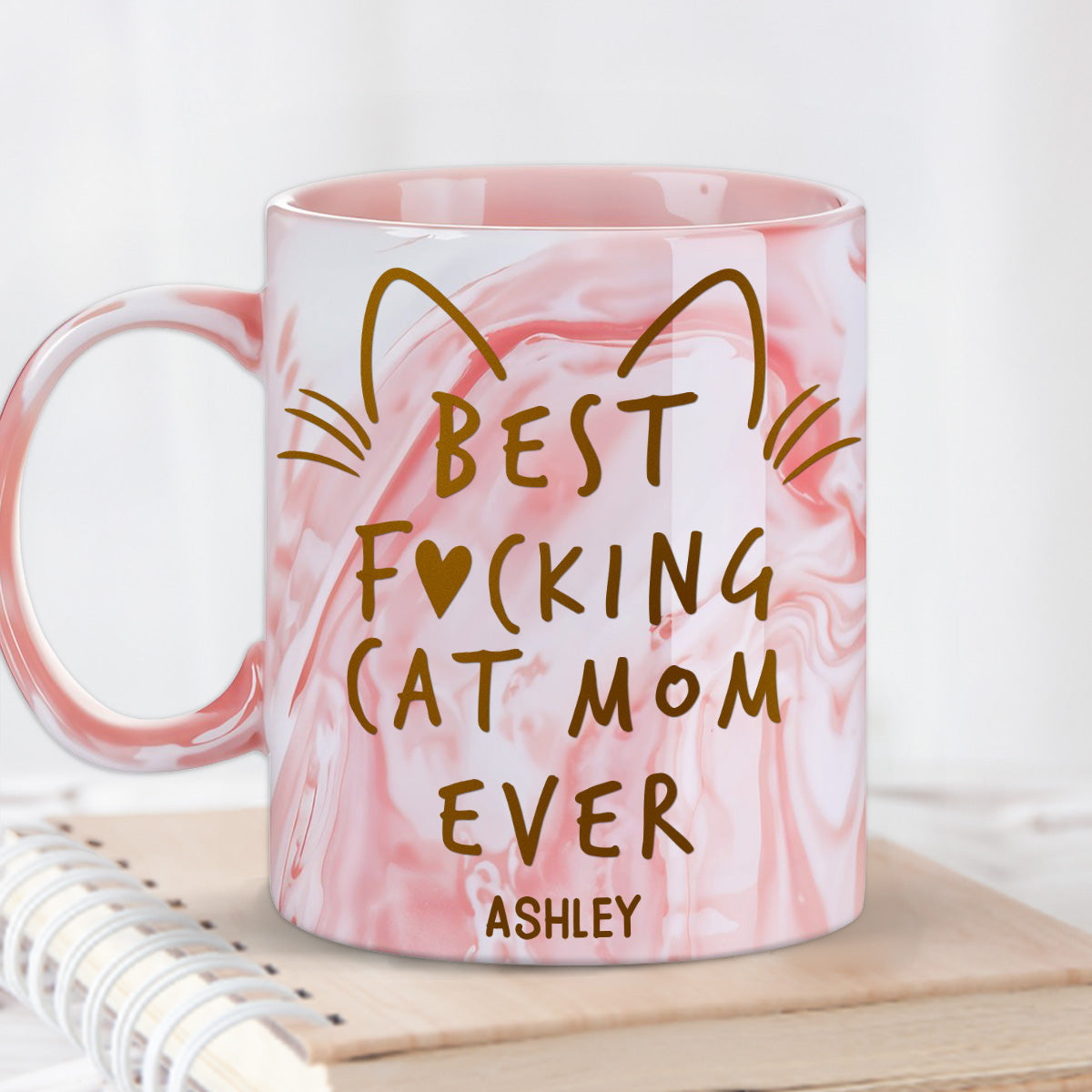 Exquisite Personalized Pink Marble Mug for Cat Moms