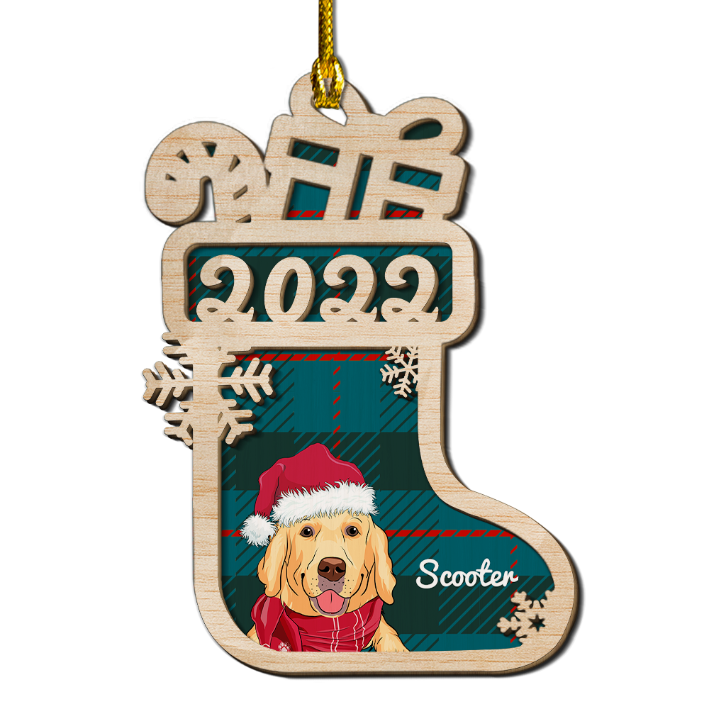 Personalized 2 - Layered Dog Christmas Sock Wood Ornament