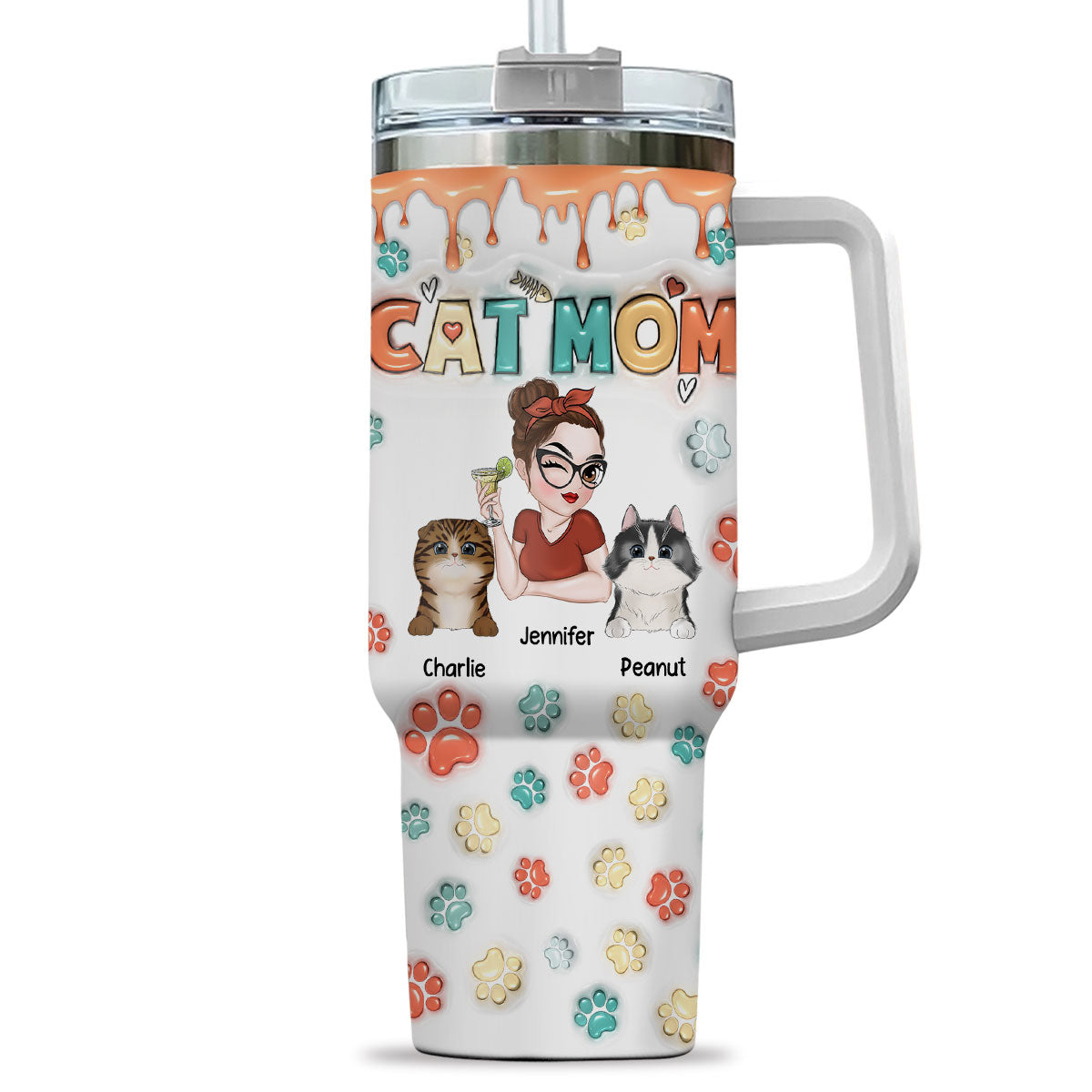 Customizable 3D Inflated Effect Mom of Cats Tumbler - 40 Oz Personalized Luxury