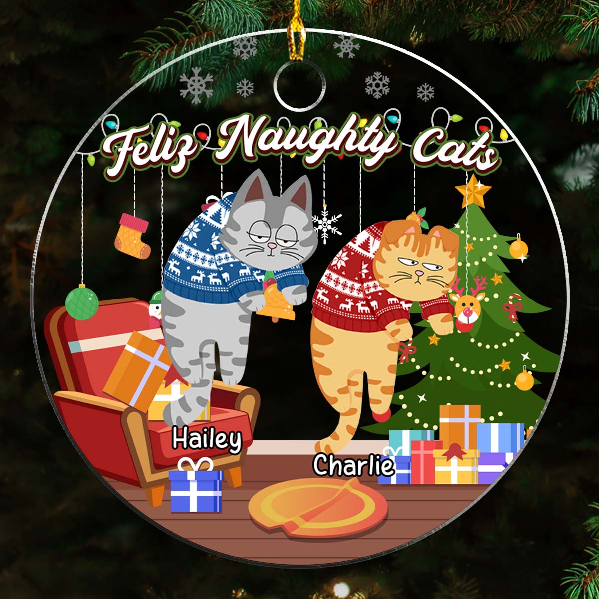 Feliz Naughty Cats - Customizable Personalized Acrylic Christmas Ornament