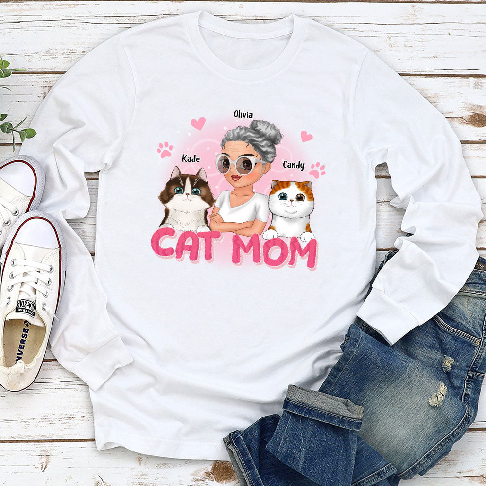Personalized Custom Cat Mom Cartoon Long Sleeve T - shirt for Pet Lovers