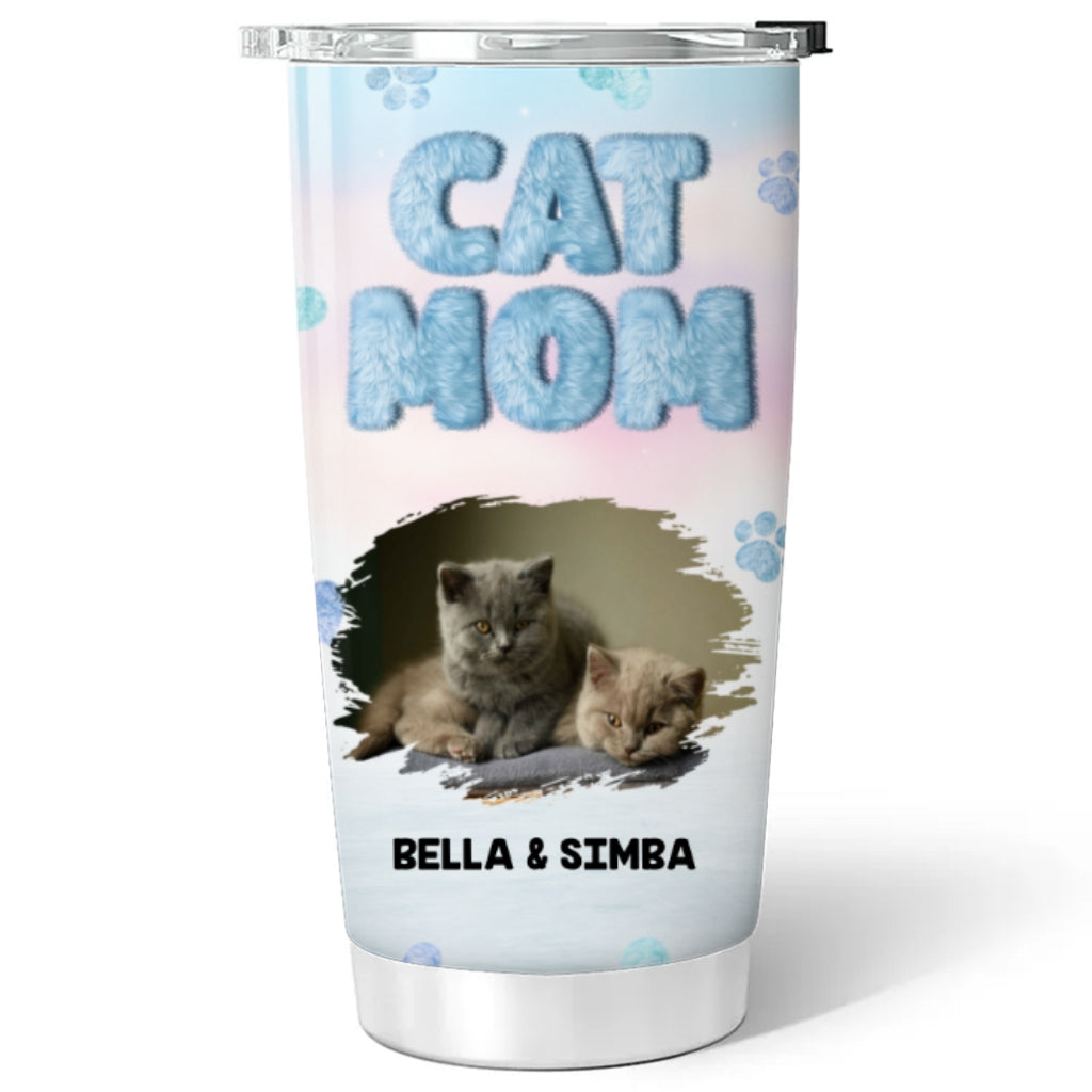 Personalized Fluffy Cat Mom Photo Tumbler - Customizable and Stylish