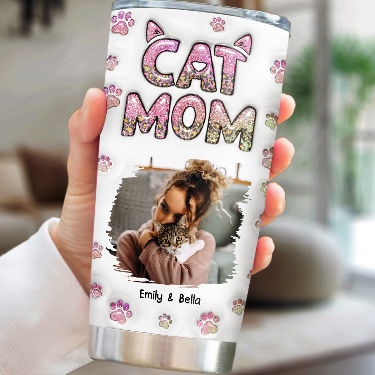 Personalized 3D Inflated Effect Cat Mom Chibi Version Photo Tumbler