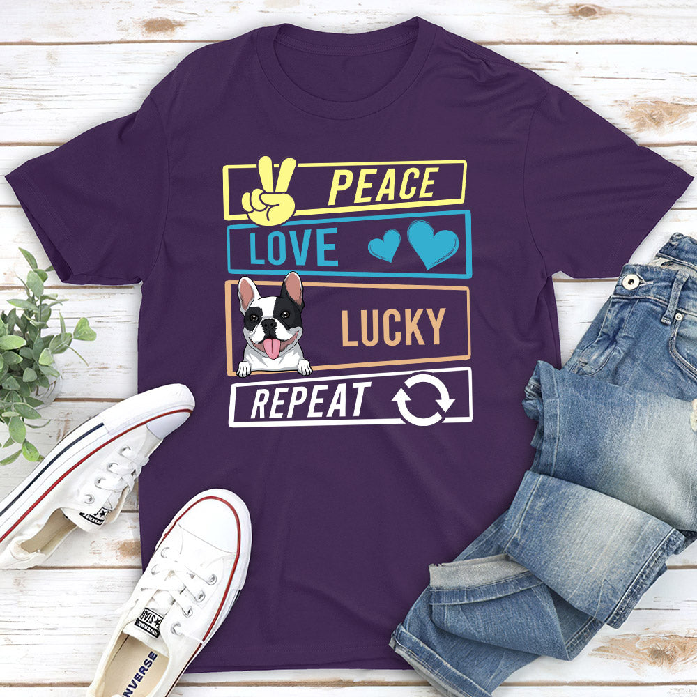 Personalized Unisex DOG PEACE LOVE AND REPEAT T-shirt - Ideal Gift for Pet Lovers