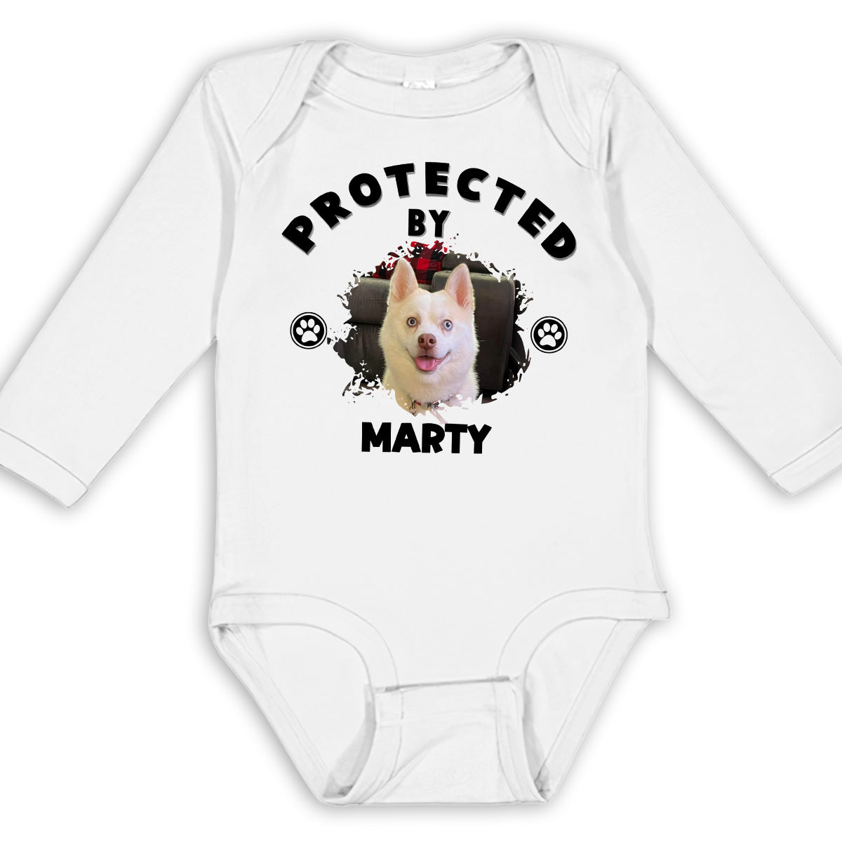 Personalized Custom Long Sleeve Baby Onesie with Human Protected By Dogs Photo