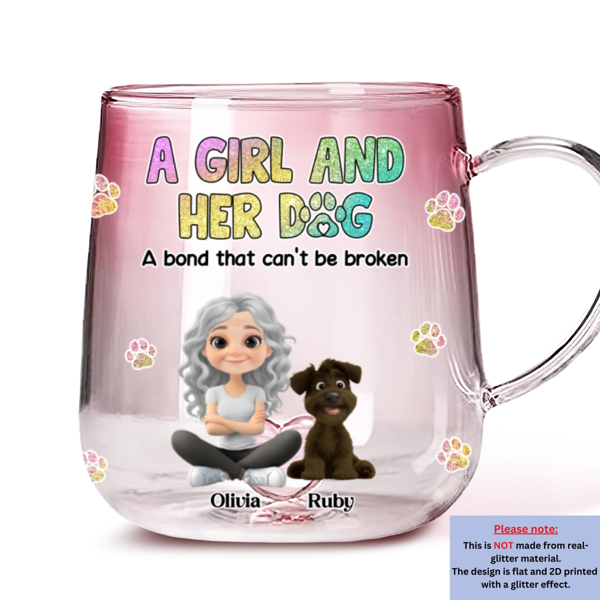Personalized Pink Gradient Glass Mug: A Girl and Her Dog Tribute
