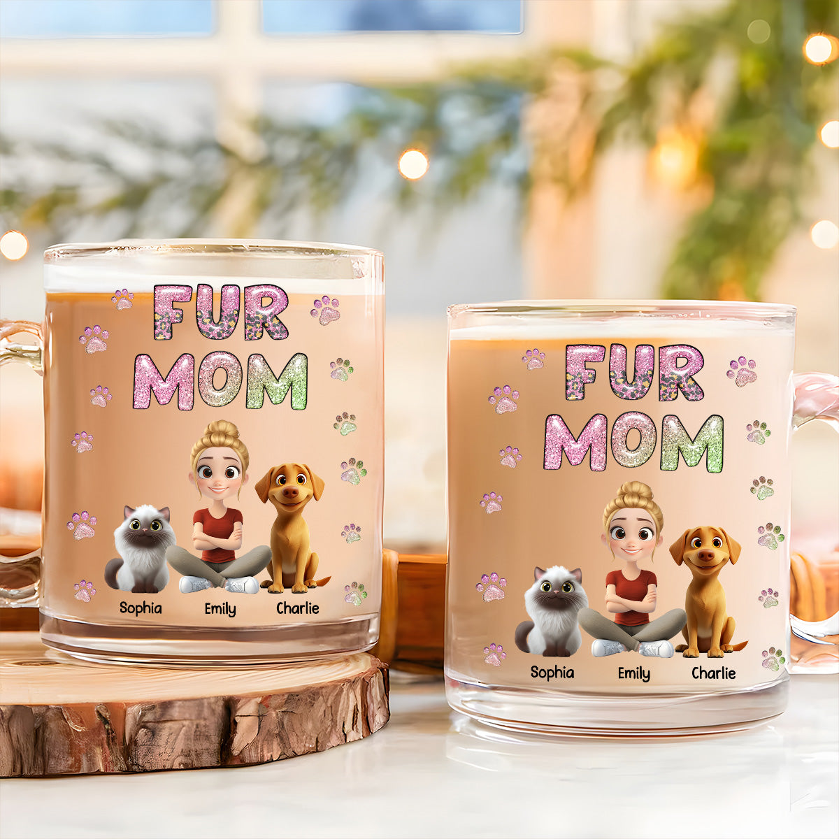 Personalized 3D Inflated Effect Glass Mug - Fur Mom Lovely Chibi Design