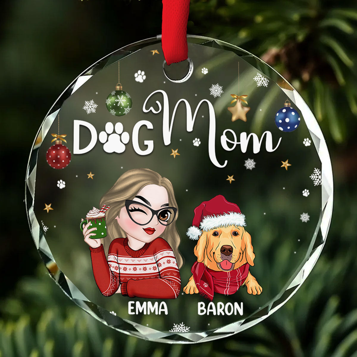 Customizable Dog Mom Glass Ornament - Perfect for Special Occasions