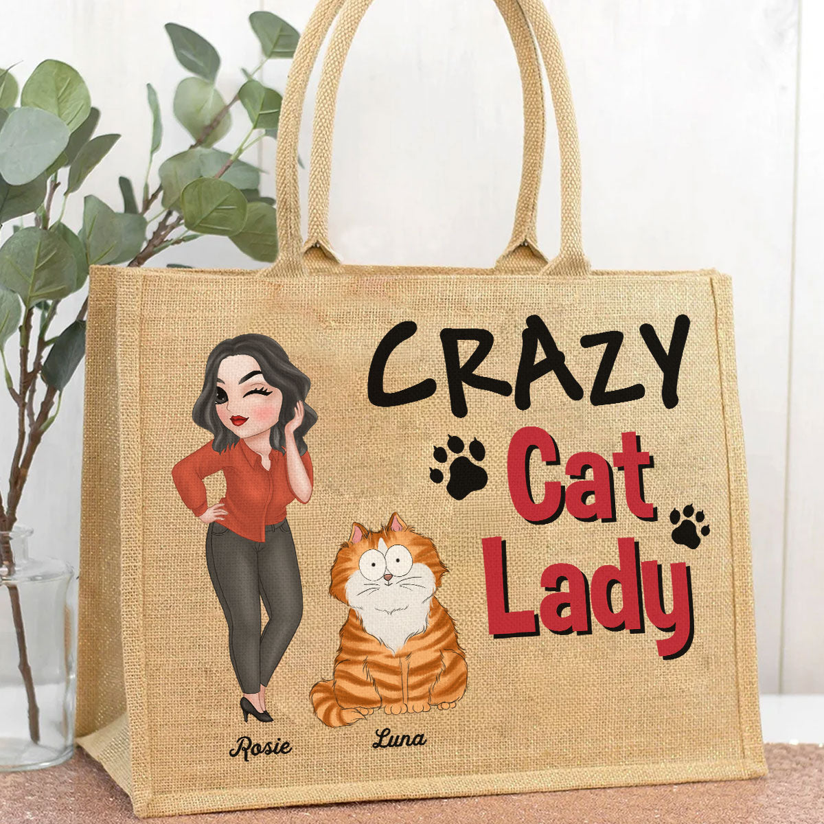 Personalized Crazy Cat Lady Jute Tote Bag - Unique and Customizable
