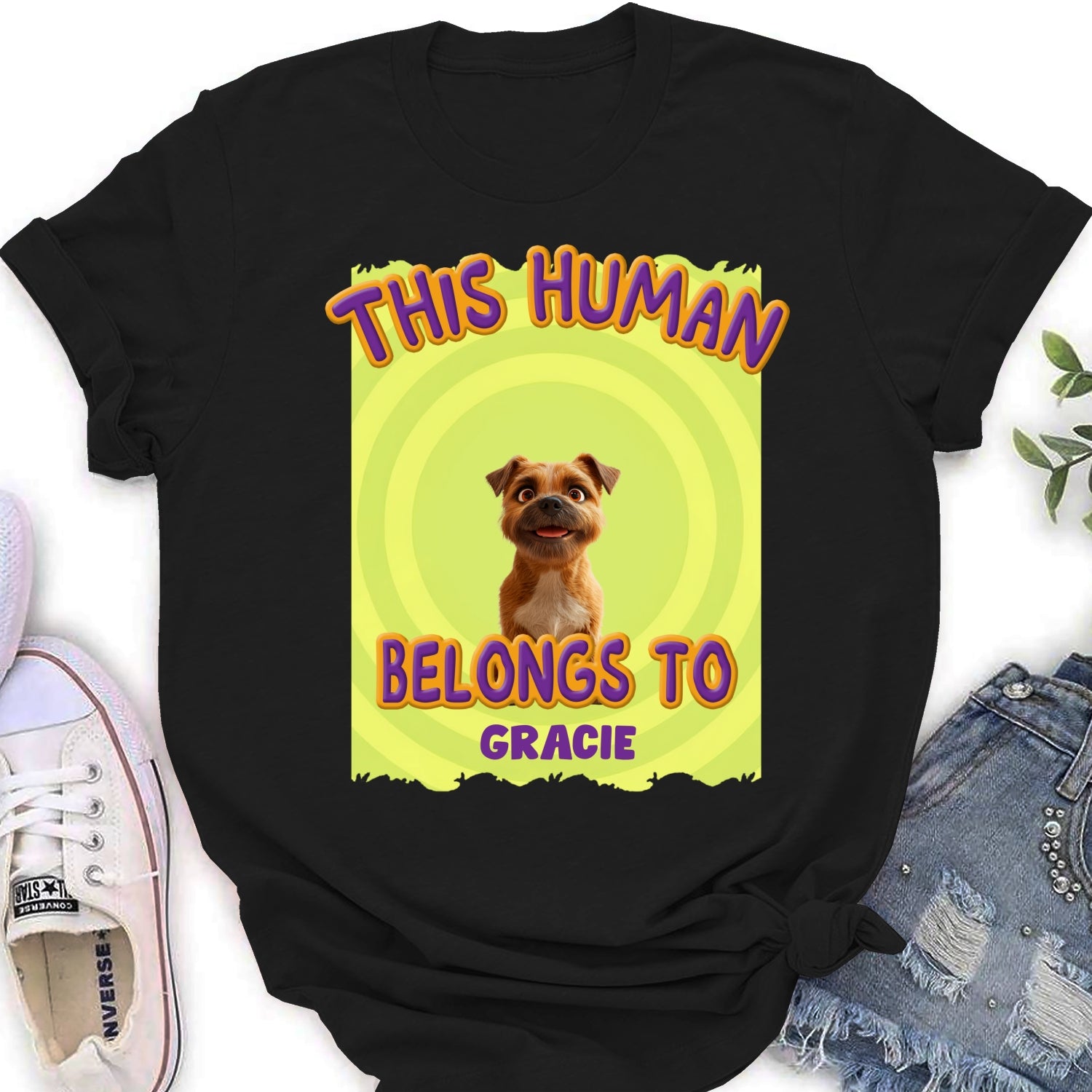 Personalized 'This Human Belongs To Our Pet' Cartoon Women's T - shirt
