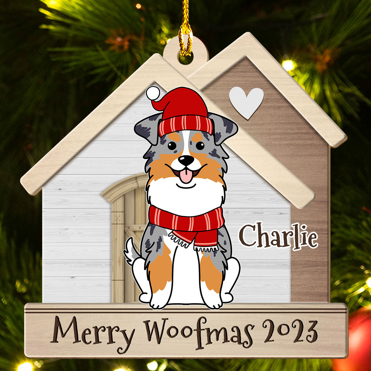 Personalized One - Layered Dog in Happy House Wood Ornament