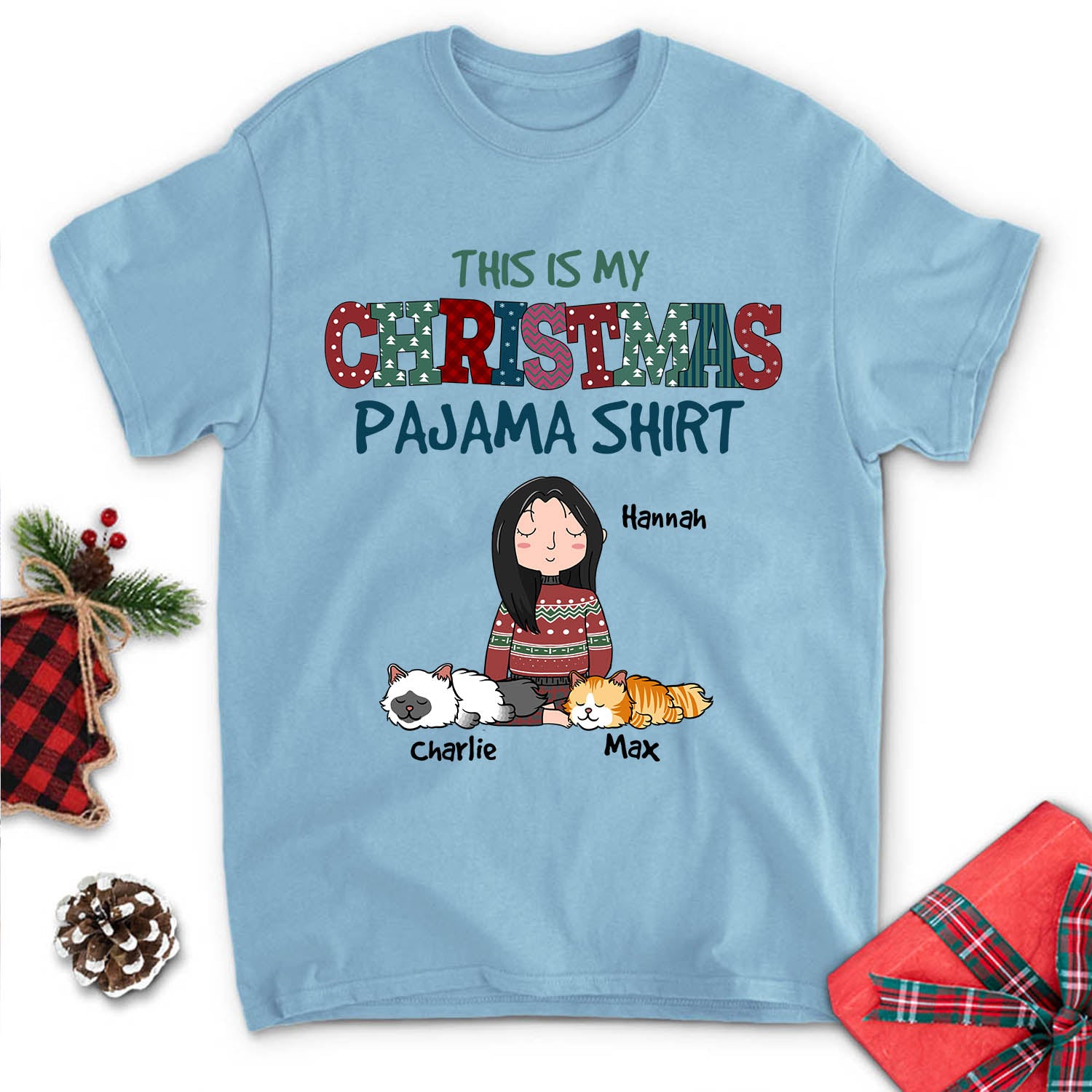 Customizable Christmas Cat Pajama Unisex T-shirt - Ideal Gift for Pet Lovers