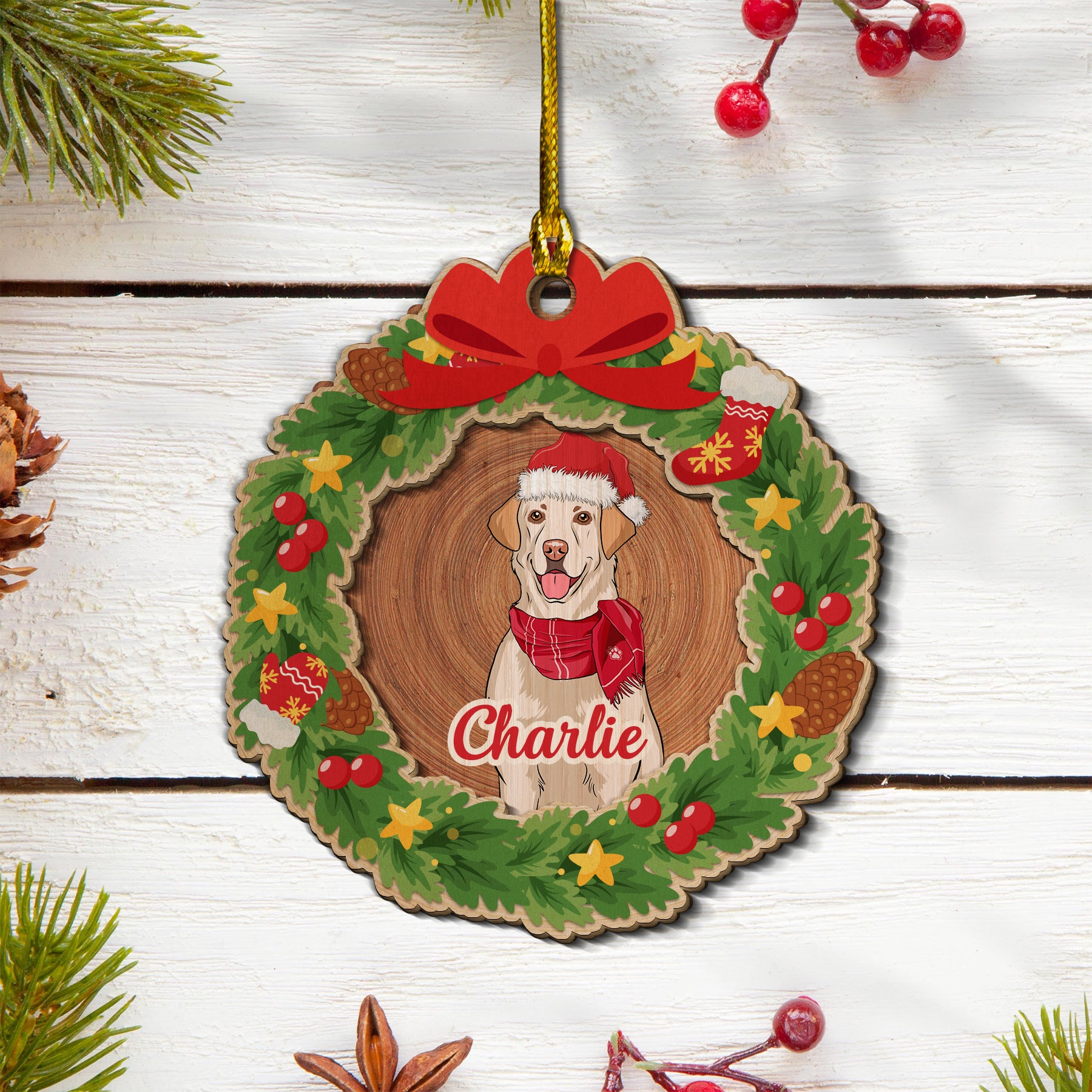 Personalized 2-Layered Custom Dog Wood Wreath Ornament for Christmas