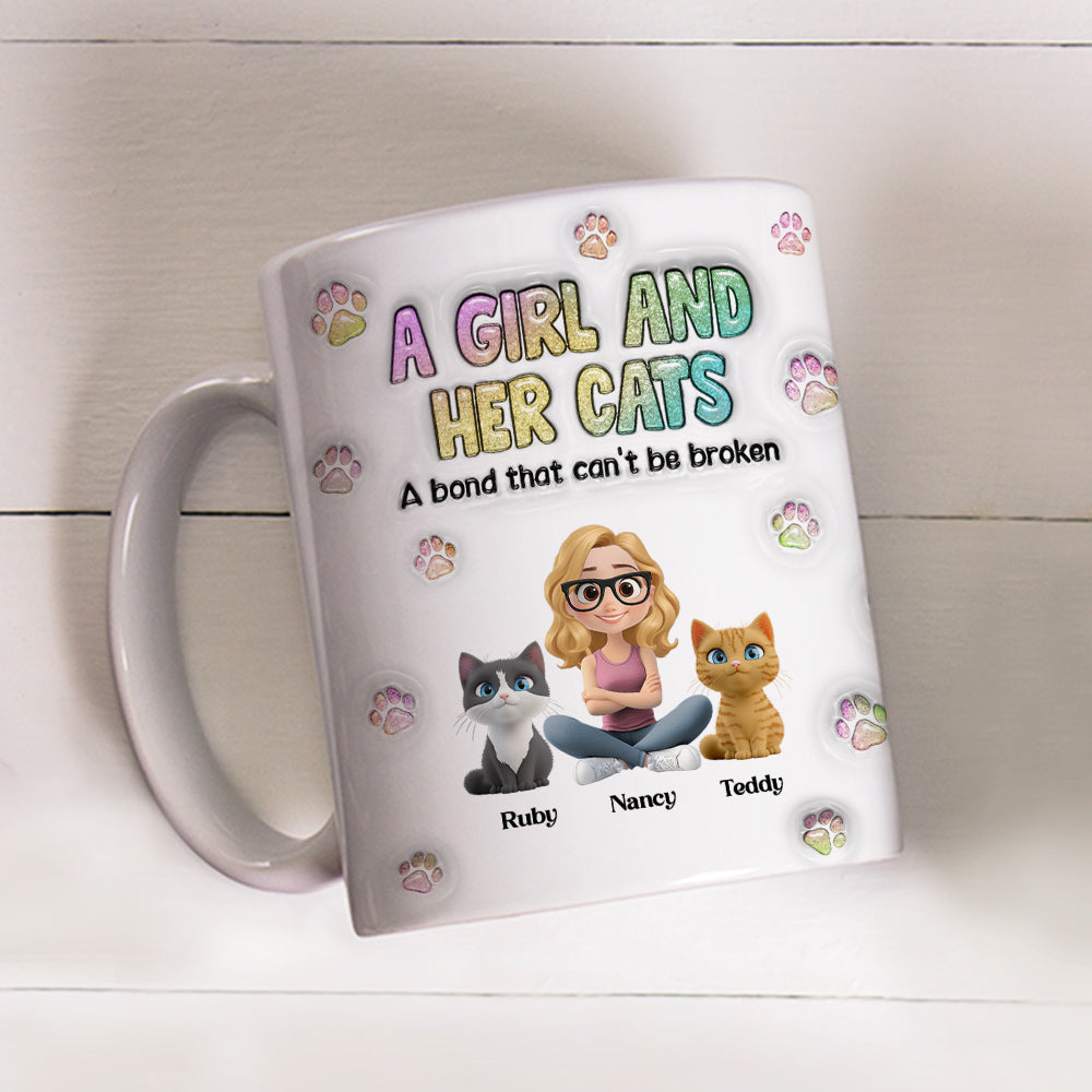 Personalized 3D Inflated Effect Mug: A Girl And Her Cat Design