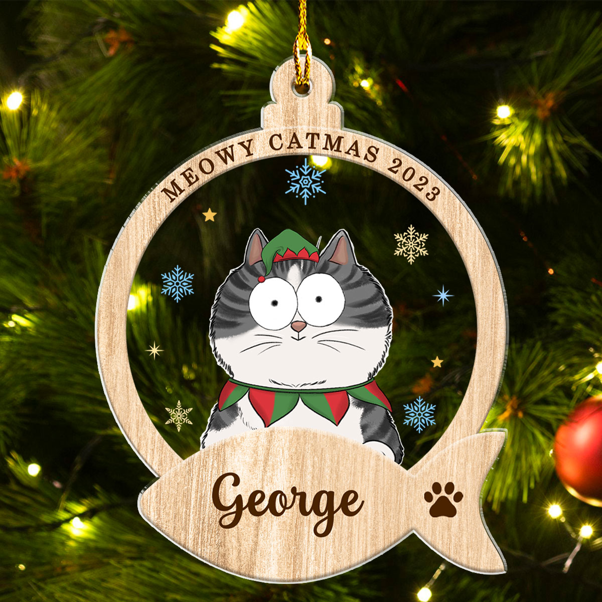 Adorable Cat & Snack Personalized Custom Acrylic Christmas Ornament