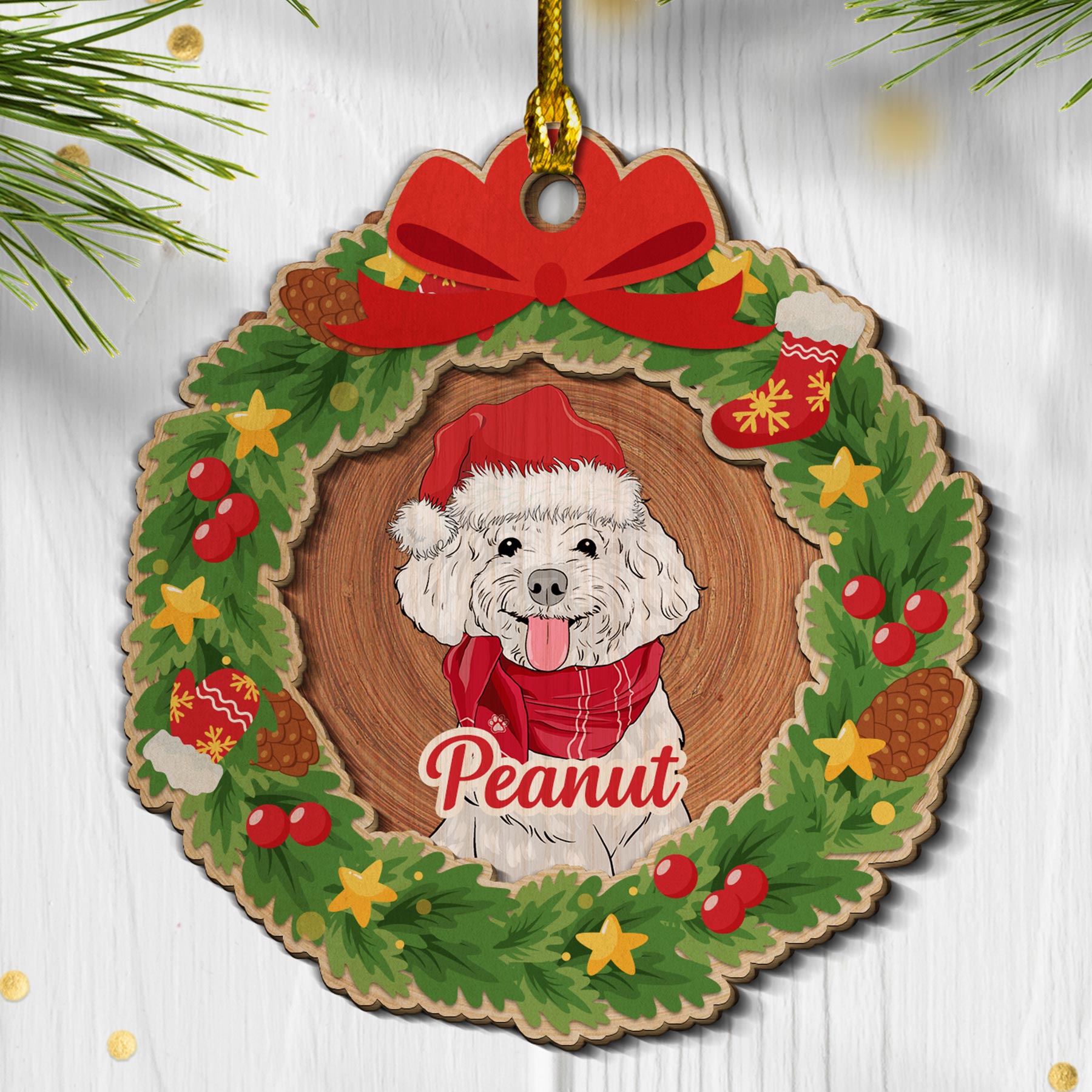 Personalized 2-Layered Custom Dog Wood Wreath Ornament for Christmas