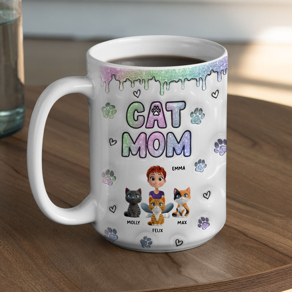 Customizable 3D Inflated Effect Lovely Chibi Cat Mom Mug - Personalized for a Unique Experience