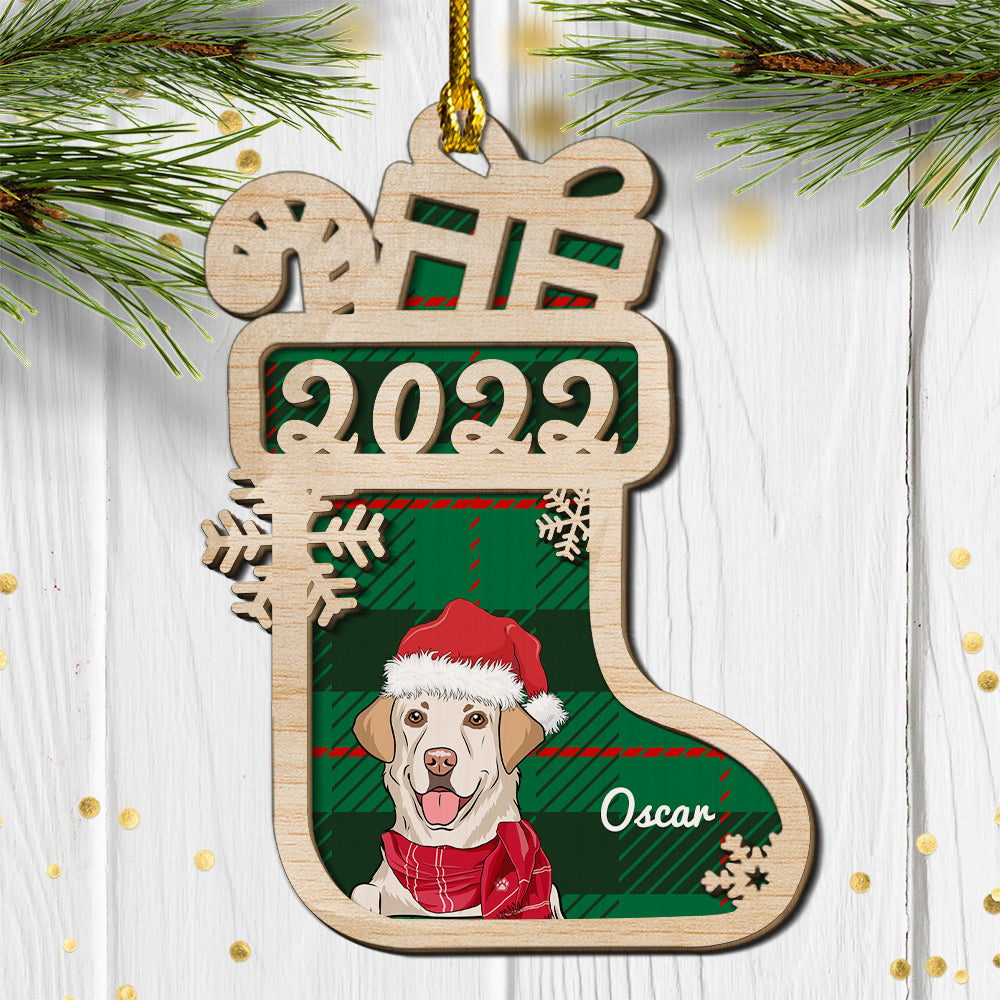 Personalized 2 - Layered Dog Christmas Sock Wood Ornament