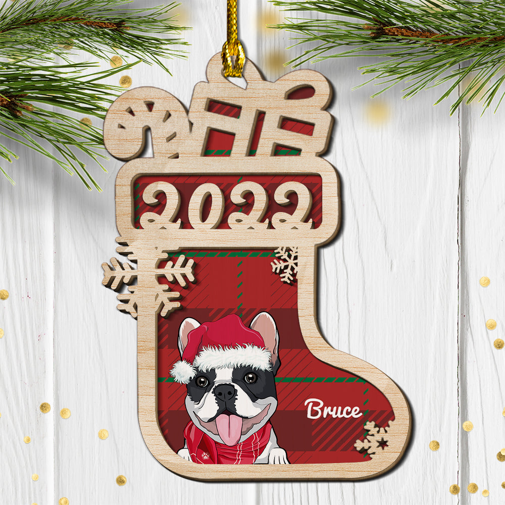 Personalized 2 - Layered Dog Christmas Sock Wood Ornament