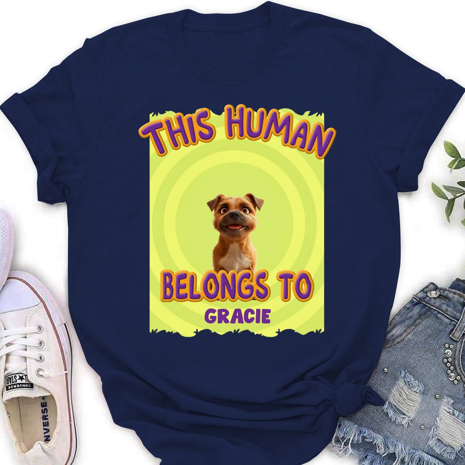 Personalized 'This Human Belongs To Our Pet' Cartoon Women's T - shirt