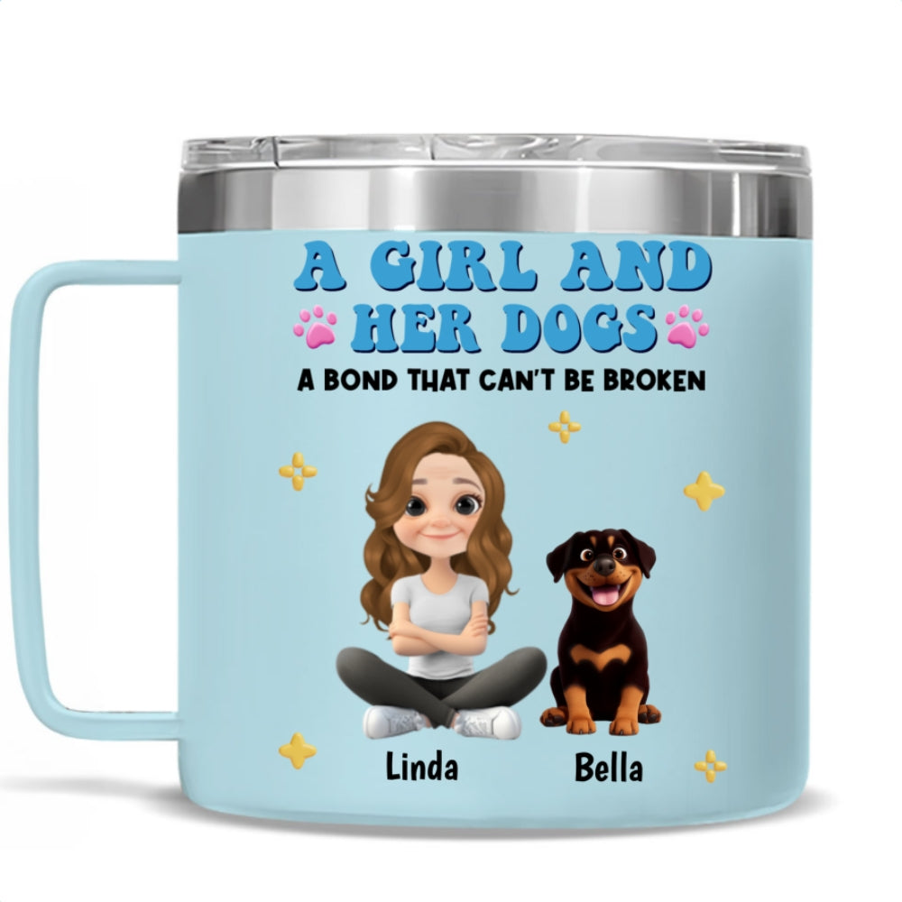 Personalized 14oz Stainless Steel Tumbler with Handle - A Girl And Her Dogs Design