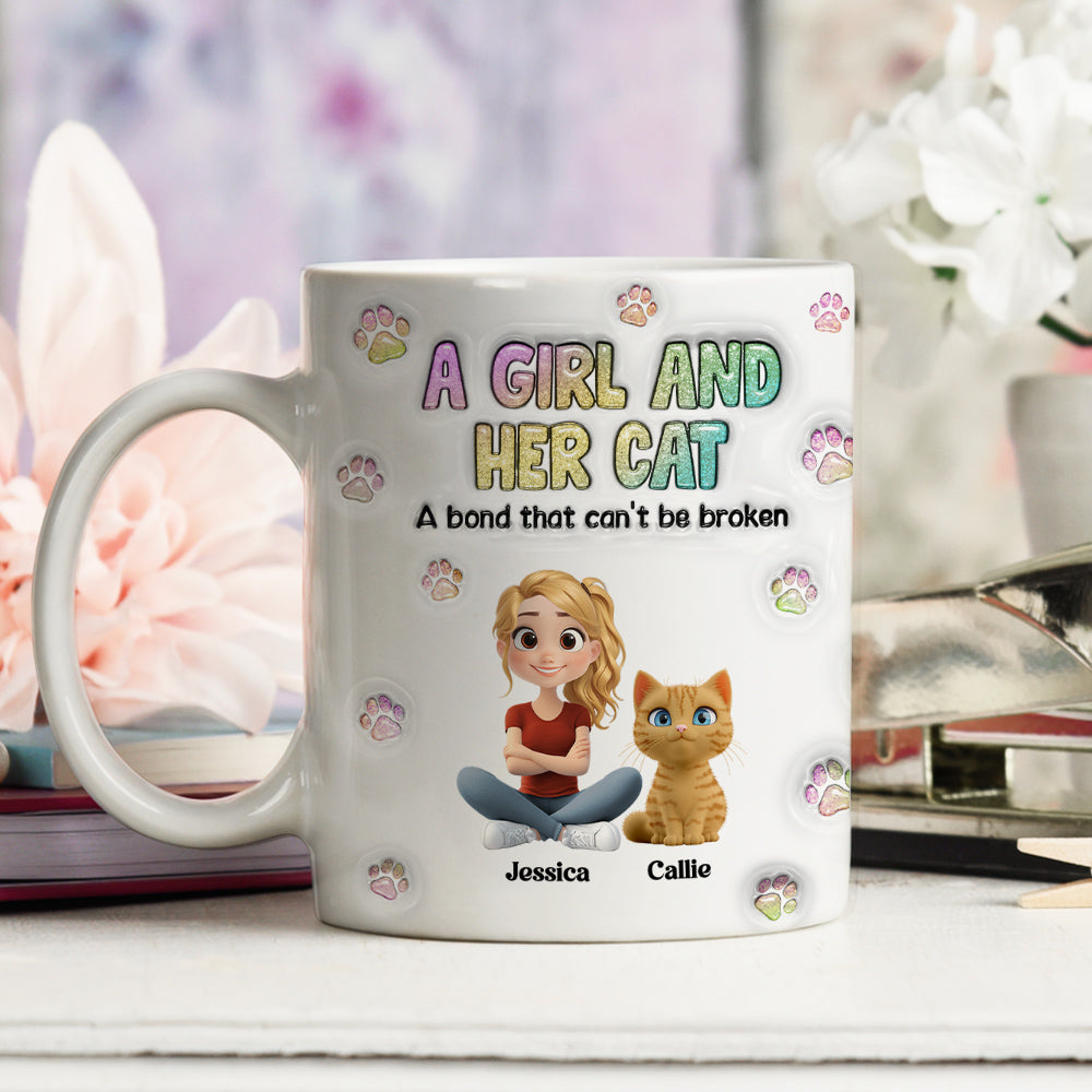 Personalized 3D Inflated Effect Mug: A Girl And Her Cat Design