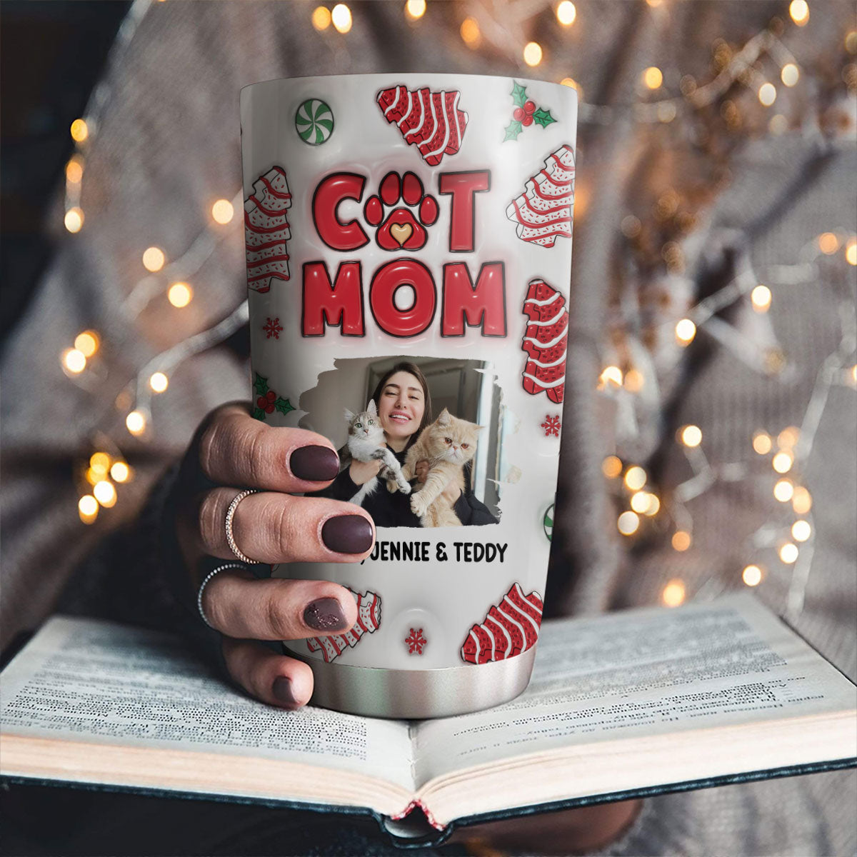 Personalized 3D Inflated Effect Cat Mom Christmas Cake Photo Tumbler