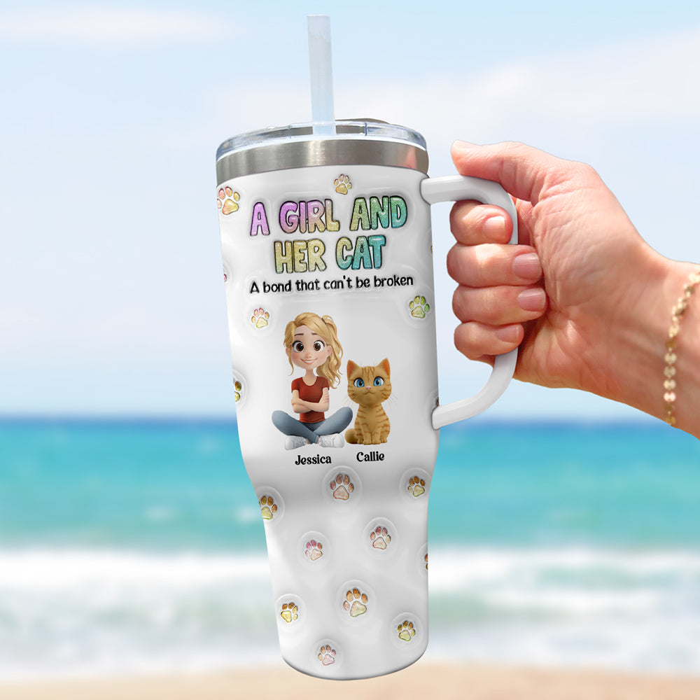 Personalized 3D Inflated Effect Tumbler: A Girl And Her Cat Design