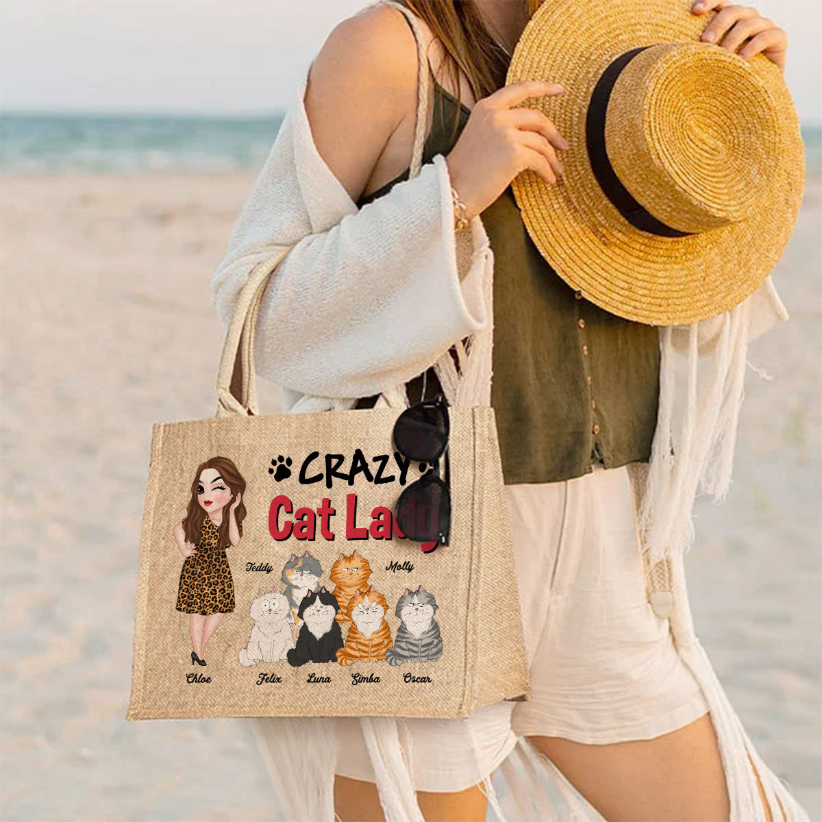 Personalized Crazy Cat Lady Jute Tote Bag - Unique and Customizable