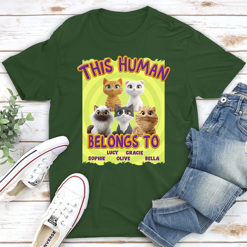 Personalized 'This Human Belongs To Our Cats' Cartoon Unisex T - shirt for Pet Lovers