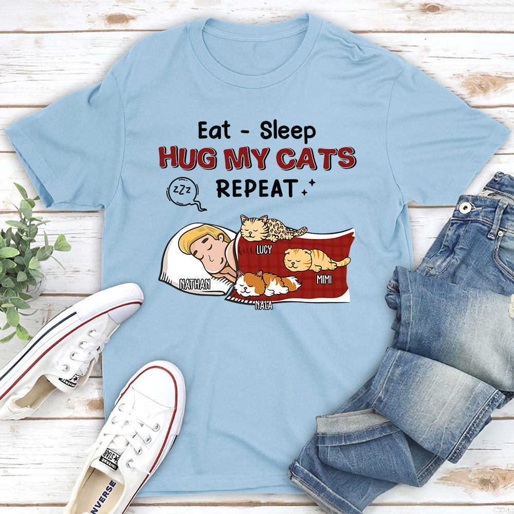 Personalized Unisex 'Eat Sleep Hug Cat Repeat' T-shirt - Ideal Gift for Cat Lovers