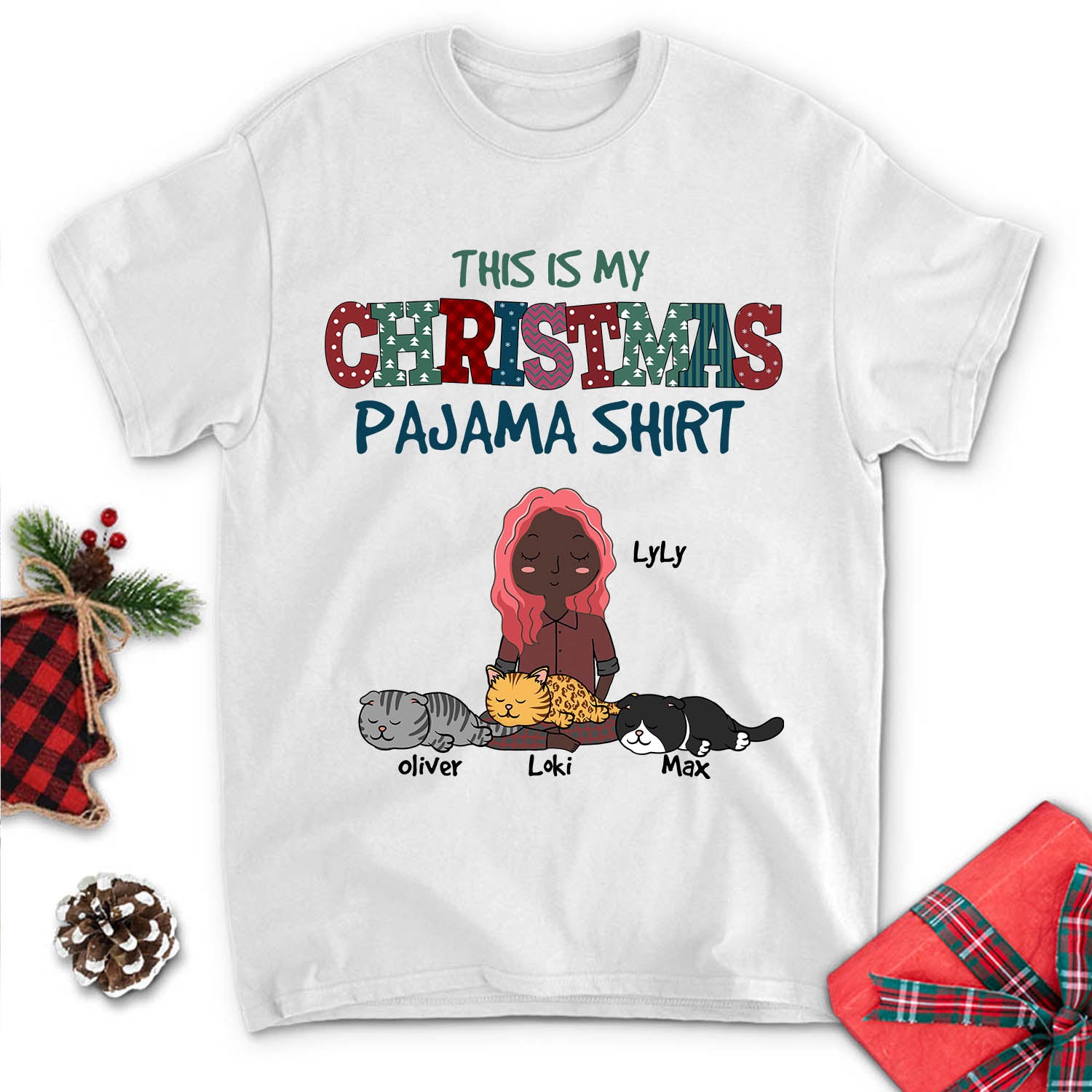 Customizable Christmas Cat Pajama Unisex T-shirt - Ideal Gift for Pet Lovers