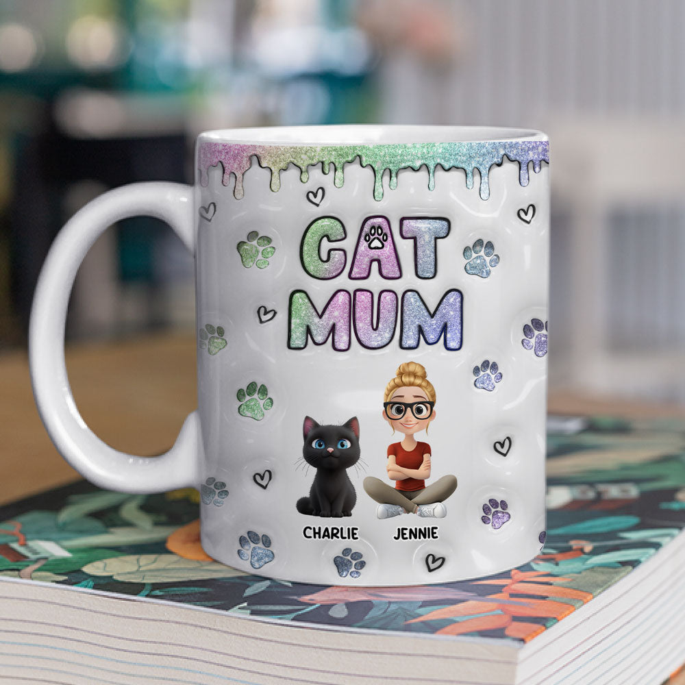 Customizable 3D Inflated Effect Lovely Chibi Cat Mom Mug - Personalized for a Unique Experience