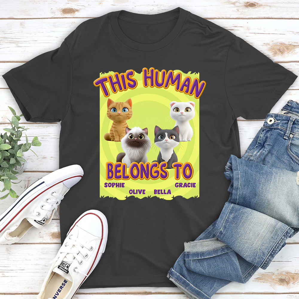 Personalized 'This Human Belongs To Our Cats' Cartoon Unisex T - shirt for Pet Lovers