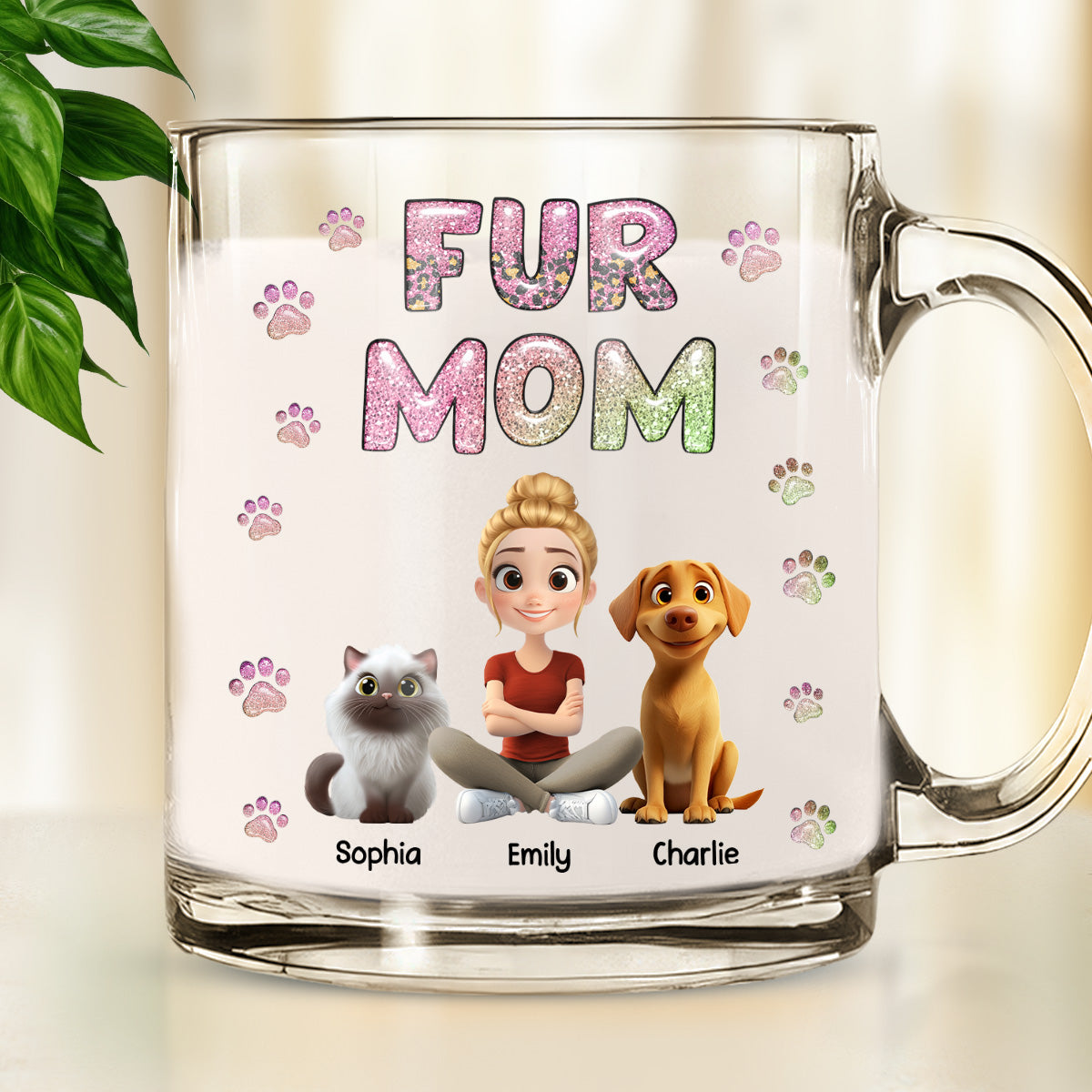 Personalized 3D Inflated Effect Glass Mug - Fur Mom Lovely Chibi Design