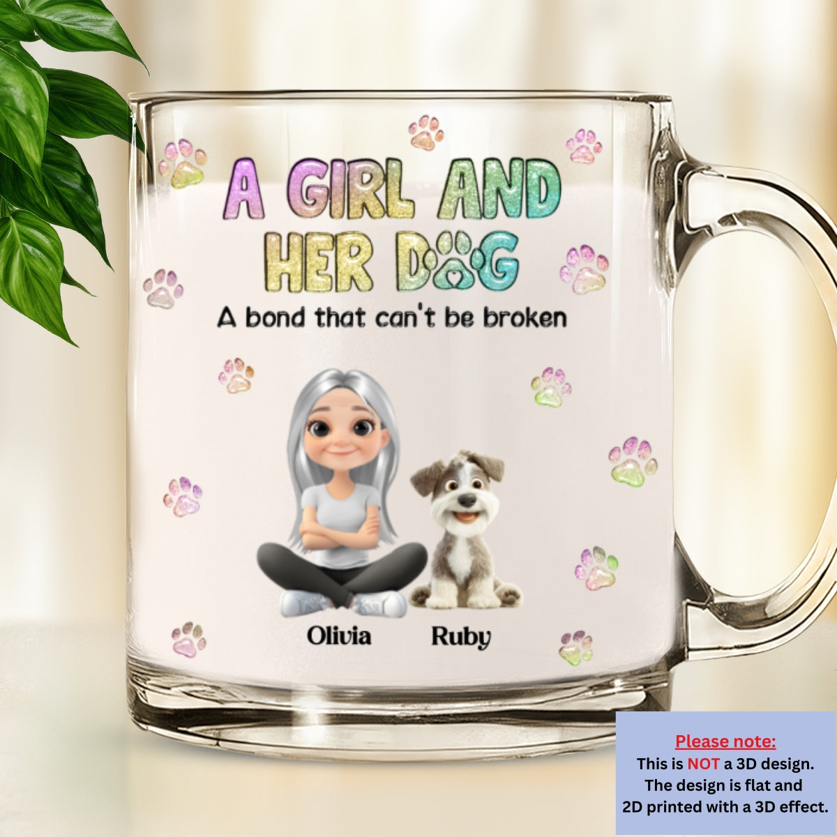 Personalized 3D Inflated Effect Glass Mug: A Girl And Her Dog Design