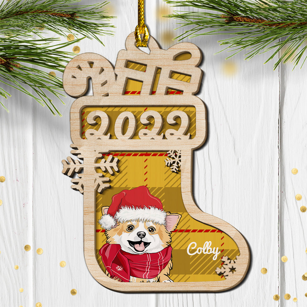 Personalized 2 - Layered Dog Christmas Sock Wood Ornament