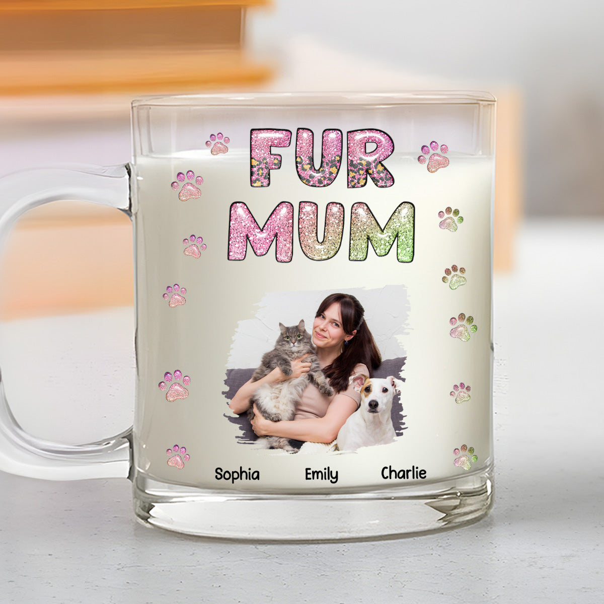 Personalized 3D Inflated Effect Glass Mug - Fur Mom Lovely Chibi Version Photo