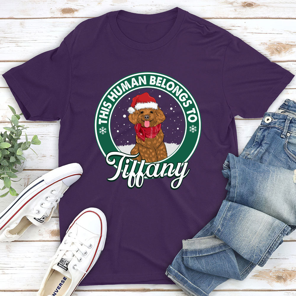 Personalized Christmas Unisex T-shirt - This Human Belongs to Pets