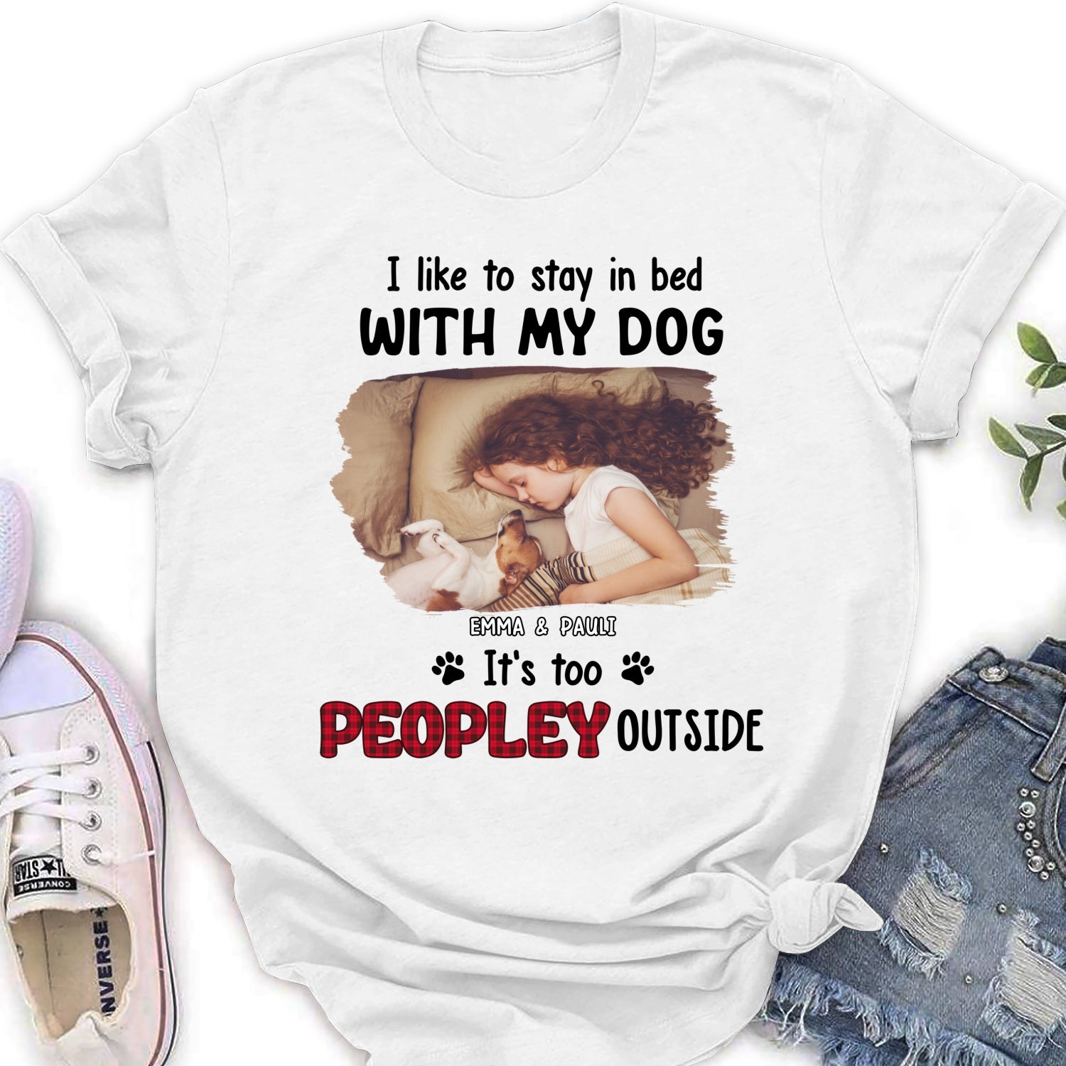 Personalized Custom Women's T-shirt with 'Like To Stay In Bed' Photo - Ideal Gift for Pet Lovers