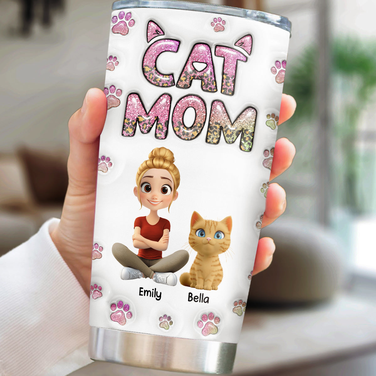 Personalized Cat Mom Chibi 3D Inflated Effect Stainless Steel Tumbler