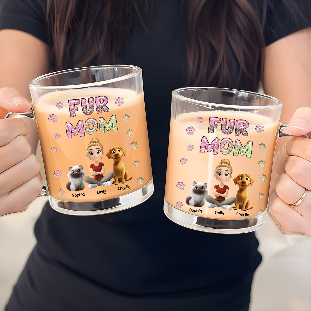 Personalized 3D Inflated Effect Glass Mug - Fur Mom Lovely Chibi Design