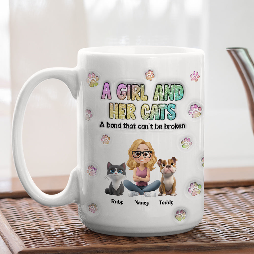 Personalized 3D Inflated Effect Mug: A Girl And Her Cat Design
